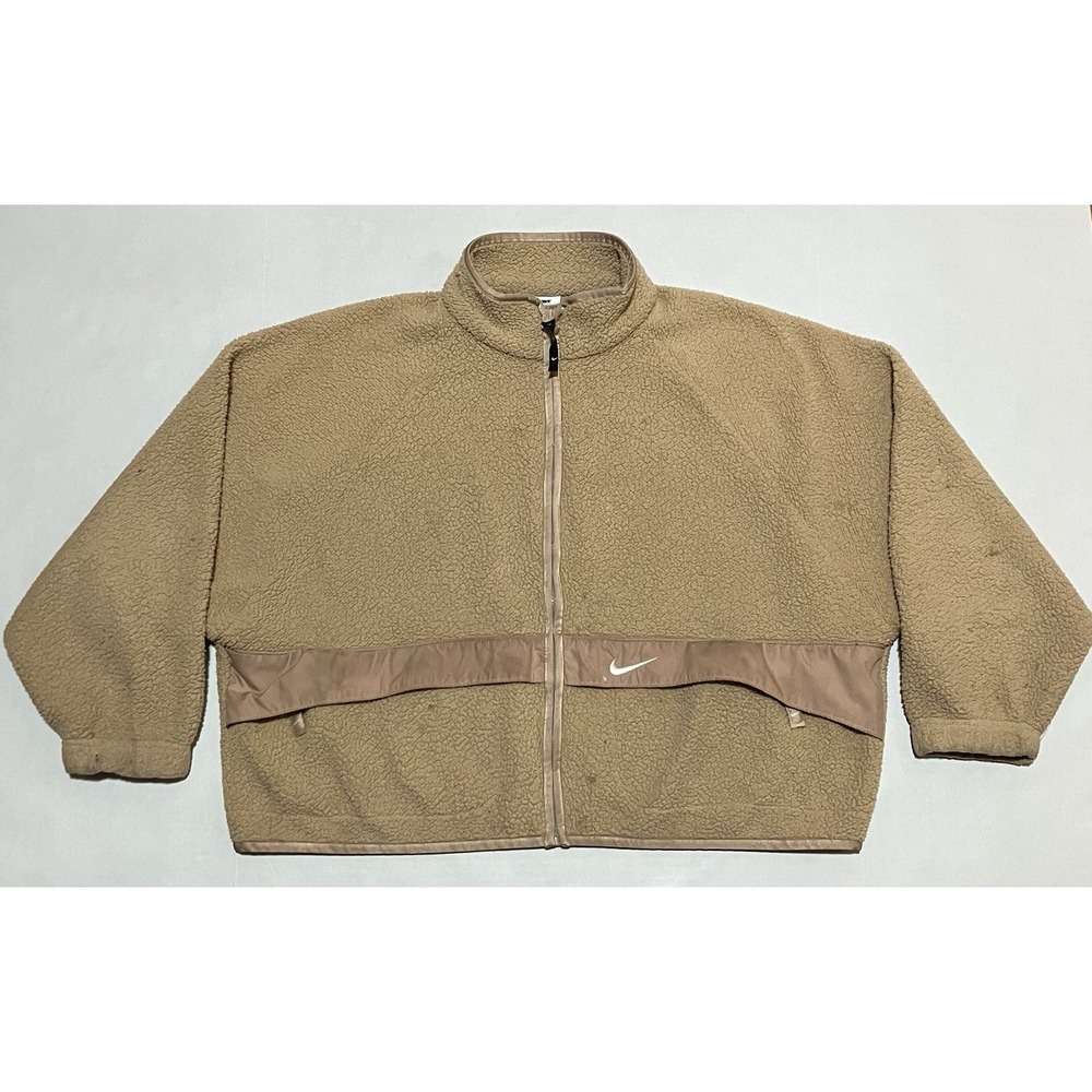 Nike Sherpa Womens Fleece Size XL Cropped Jacket Beige Hidden Pockets Full Zip
